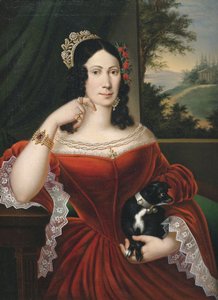 Portret van een adellijke dame bij een raam met uitzicht op het landschap door Anton Ferenz